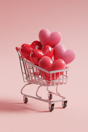 A small shopping cart filled with shiny red and pastel pink heart-shaped decorations sits against a soft pink backdrop. Ideal for Valentines Day themes and celebrations.の素材