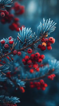 Bright red berries cling to frosty pine branches as snowflakes gently fall in a serene winter landscape, creating a tranquil and beautiful scene of natures beauty.の素材