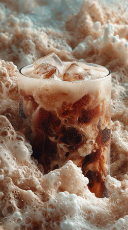 A glass filled with a frothy coffee drink and ice sits in a pool of bubbling foam, creating a visually appealing scene perfect for a warm summer day.の素材
