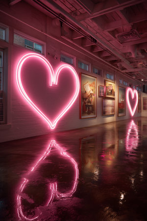 A vibrant pink neon heart sign glows brightly on a building exterior at night, adding charm to the urban landscape in a busy city. The atmosphere feels lively and inviting.の素材