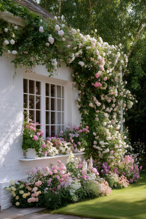 In a peaceful garden, vibrant roses in different shades surround a charming cottage. The sunlight illuminates the flowers, creating a warm atmosphere on a beautiful afternoon.の素材