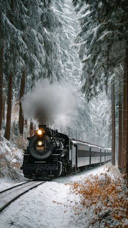 A classic steam train chugs along a snow-covered track surrounded by tall evergreen trees. Wisps of steam rise in the cold air on a clear winter day.の素材