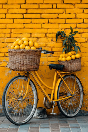 A yellow bicycle stands against a bright yellow brick wall, showcasing two woven baskets filled with fresh oranges. The scene is cheerful and full of color.の素材