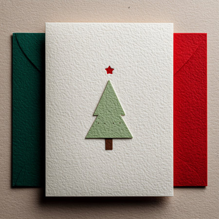 A green and red envelope surrounds a white greeting card featuring a minimalistic green tree with a star. Perfect for holiday celebrations and sending cheerful messages.の素材