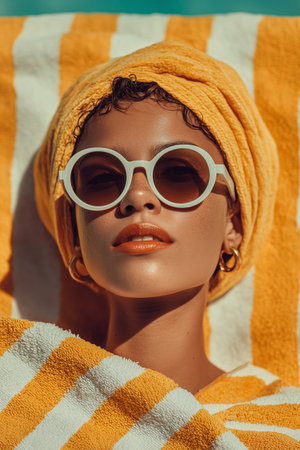 A woman enjoys a sunny day by the pool, lying on a colorful towel. She wears stylish sunglasses and a patterned headscarf, exuding a relaxed and confident vibe.の素材