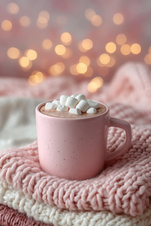 A pink mug holds rich hot chocolate, crowned with fluffy marshmallows. It rests on a soft knitted blanket, surrounded by warm, glowing lights, creating a cozy atmosphere.の素材