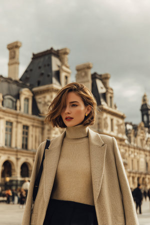 A fashionable woman stands confidently in a turtleneck and coat, with beautiful historic buildings behind her. The sky is clear and blue, making the scene vibrant.の素材
