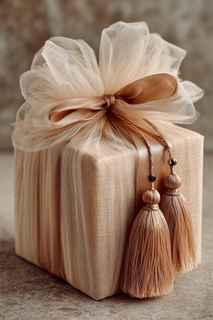 A neatly wrapped gift sits on a smooth surface, adorned with a delicate ribbon and elegant tassels, perfect for birthdays or celebrations.の素材