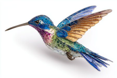 This stunning metal sculpture of a hummingbird features vibrant colors and intricate details. It captures the bird mid-flight, showcasing the beauty of nature through art.の素材