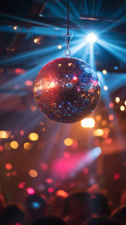 A disco ball hangs from the ceiling, casting vibrant reflections as colorful lights flash in a packed dance club during a night of celebration and fun.の素材