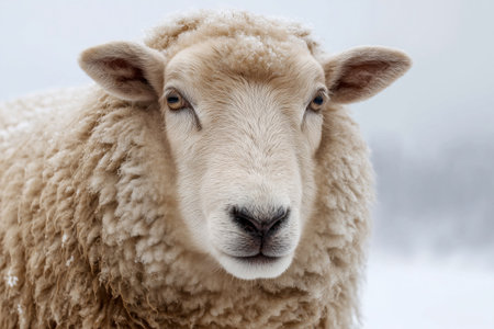 A fluffy sheep stands in a snowy landscape, surrounded by mist. The animals wool is covered with light snow, creating a serene winter scene.の素材