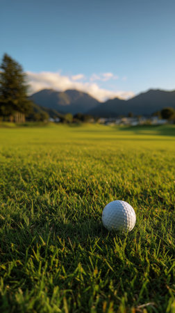 A white golf ball lies on vibrant grass, surrounded by a scenic landscape of mountains and a clear sky. The sun sets, casting a warm glow over the peaceful scene.の素材