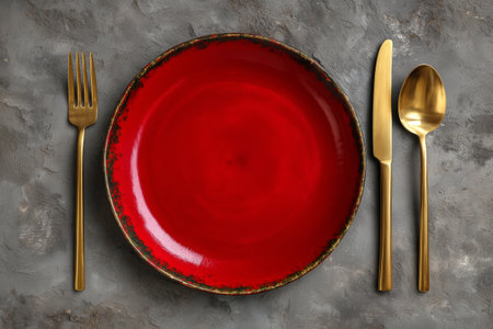 A circular red plate is placed on a gray textured surface with golden cutlery arranged neatly beside it, creating a stylish dining setup perfect for special occasions.の素材