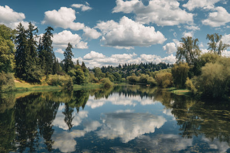 A peaceful river scene shows clear blue sky and fluffy clouds mirrored on water. Trees line the banks, creating a tranquil atmosphere in the bright midday light.の素材