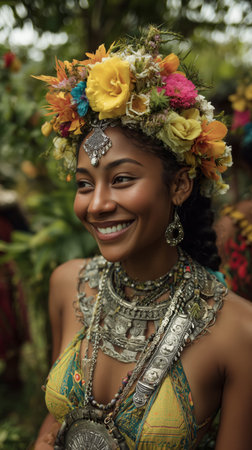 A joyful woman wears a colorful floral crown and intricate jewelry at a lively outdoor festival surrounded by greenery. The setting features vivid decorations and celebratory vibes.の素材