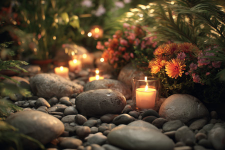 Soft glow of candles lights a garden pathway surrounded by smooth stones and blooming flowers at twilight, creating a serene atmosphere for relaxation.の素材