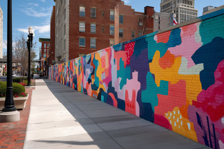 Brightly painted mural covers a long wall along a city sidewalk in downtown. The artwork features bold patterns and colors, enhancing the lively atmosphere of the area.の素材