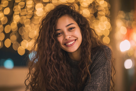 A cheerful woman with curly hair smiles warmly while sitting in a cozy space adorned with twinkling lights during a festive evening. The atmosphere is joyful and inviting.の素材