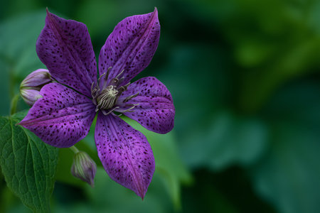A stunning purple flower opens up in a vibrant garden, showing its unique shape and speckled petals. The surrounding greenery enhances its beauty during the bright spring day.の素材