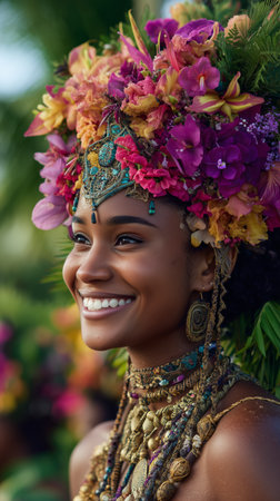 A joyful woman wears a colorful floral crown and intricate jewelry at a lively outdoor festival surrounded by greenery. The setting features vivid decorations and celebratory vibes.の素材