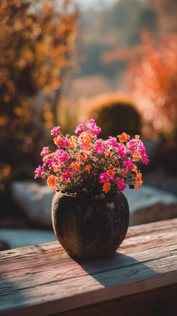 A rustic pot filled with blooming pink and orange flowers sits on a wooden surface, surrounded by colorful autumn foliage and soft sunlight.の素材