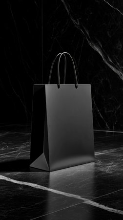 A simple black shopping bag stands on a polished dark marble surface. Light creates shadows that enhance the bags sleek design in an elegant setting.の素材