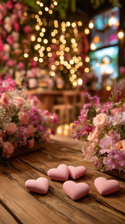Beautiful arrangements of pink flowers are displayed on a rustic wooden table. Hanging heart decorations create a romantic atmosphere in a softly lit room.の素材