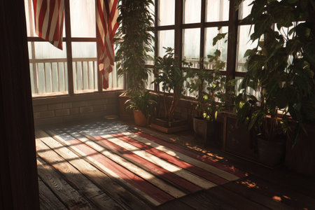 Sunlight streams into a cozy room filled with green plants and large windows. An American flag rug lies on the wooden floor, creating a warm and inviting atmosphere.の素材