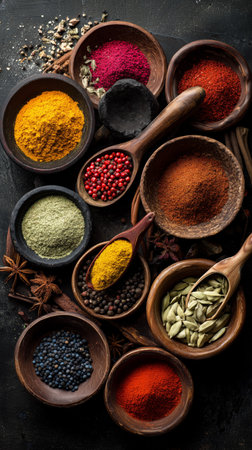 Various spices in shades of yellow, red, and green are displayed in wooden bowls. The scene captures the rich textures and colors of these flavorful ingredients.の素材