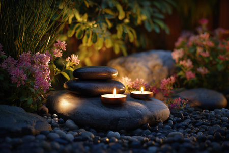 Two candles glow softly beside stacked stones in a peaceful garden at twilight. Colorful flowers and lush greenery enhance the calming atmosphere, creating a tranquil retreat.の素材