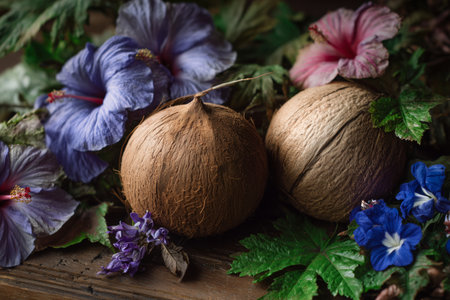 Two coconuts rest on a wooden surface, complemented by vibrant flowers like hibiscus and blue blooms. Lush green leaves add to the natural beauty of this arrangement.の素材