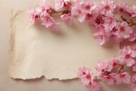 Cherry blossoms gently rest on a piece of vintage paper, creating a soft and serene scene. The pink flowers add a charming touch to the blank space for notes or art.の素材