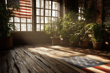 Sunlight streams into a cozy room filled with green plants and large windows. An American flag rug lies on the wooden floor, creating a warm and inviting atmosphere.の素材