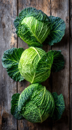 Several fresh green cabbages with vibrant leaves rest on a rustic wooden table, showing their natural beauty and texture. The scene highlights fresh produce in natural light.の素材