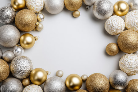 A collection of gold and silver ornaments creates a festive border on a light background, ideal for winter holiday decorations and crafts.の素材