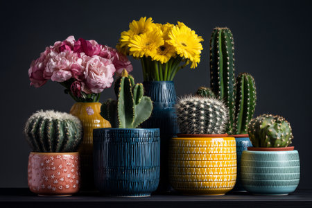 Bright yellow and orange flowers bloom alongside various cacti in decorative blue pots, creating an eye-catching arrangement against a dark backdrop.の素材