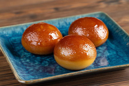 Three glazed sweet buns rest on a vibrant blue plate. The rich golden brown color shines under soft light, highlighting their smooth texture and inviting appearance.の素材