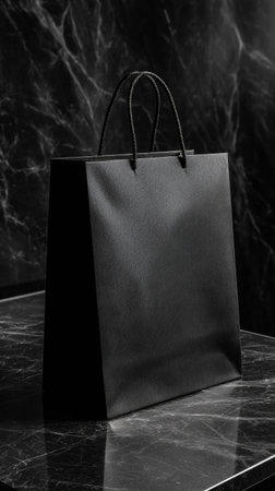 A sleek black shopping bag rests on a polished marble counter, showcasing a modern and minimalist aesthetic. The lighting enhances its elegant design in a contemporary space.の素材