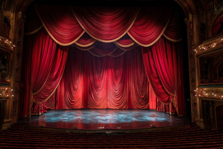 The theater stage features rich red velvet curtains, elegantly draped. The atmosphere is set for an evening performance, inviting an audience to enjoy the show.の素材