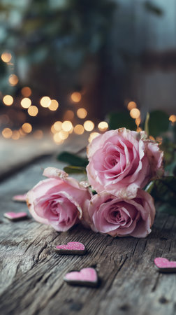 Three beautiful pink roses rest on a rustic wooden table, surrounded by small heart decorations and soft, glowing lights, creating a romantic atmosphere.の素材