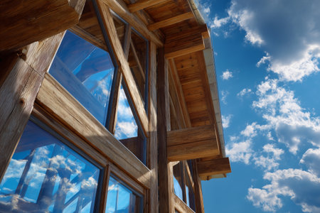 Wooden architecture features large windows that reflect the blue sky and clouds. The structure showcases natural materials and craftsmanship in a sunny setting.の素材