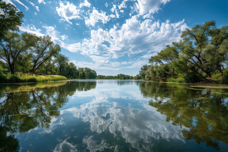A peaceful river scene shows clear blue sky and fluffy clouds mirrored on water. Trees line the banks, creating a tranquil atmosphere in the bright midday light.の素材
