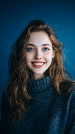 A young woman with long, wavy hair and bright blue eyes smiles at the camera. She wears a simple brown top and is in a cozy indoor setting with a dark backdrop.の素材