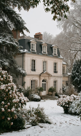 A classic house sits in a winter landscape, blanketed in snow, with blooming flowers adding a touch of color. The trees are frosted, creating a serene and peaceful atmosphere.の素材