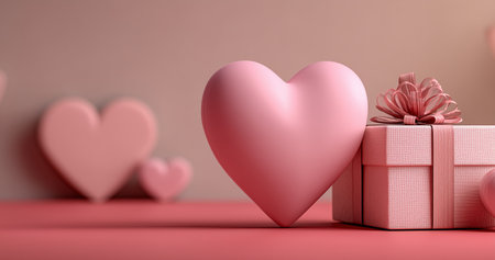 Two pink hearts and a small gift box with a ribbon create a romantic atmosphere, perfect for expressing love in a cozy room designed for special moments.の素材
