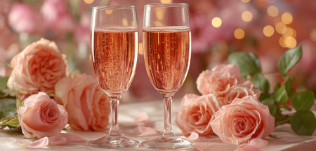 Two glasses of ros wine sit among fresh pink roses, creating a romantic atmosphere perfect for a special celebration or intimate gathering. Soft lights shimmer in the background.の素材