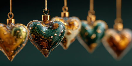 Heart-shaped ornaments in various colors hang gracefully, showing intricate designs. They add a festive touch to the atmosphere, perfect for celebrations and seasonal decor.の素材