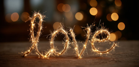 Sparklers form a glowing word love against a blurred background of warm lights, creating a festive and romantic atmosphere perfect for celebrations and special moments.の素材
