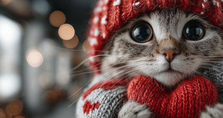 A cat dressed in a red hat and sweater holds a heart between its paws, radiating warmth and affection. This cozy scene takes place indoors, enhancing the loving atmosphere.の素材