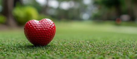 A heart-shaped red golf ball rests on the vibrant green grass of a golf course. Sunlight filters through trees, creating a warm, inviting atmosphere for a day of golfing.の素材
